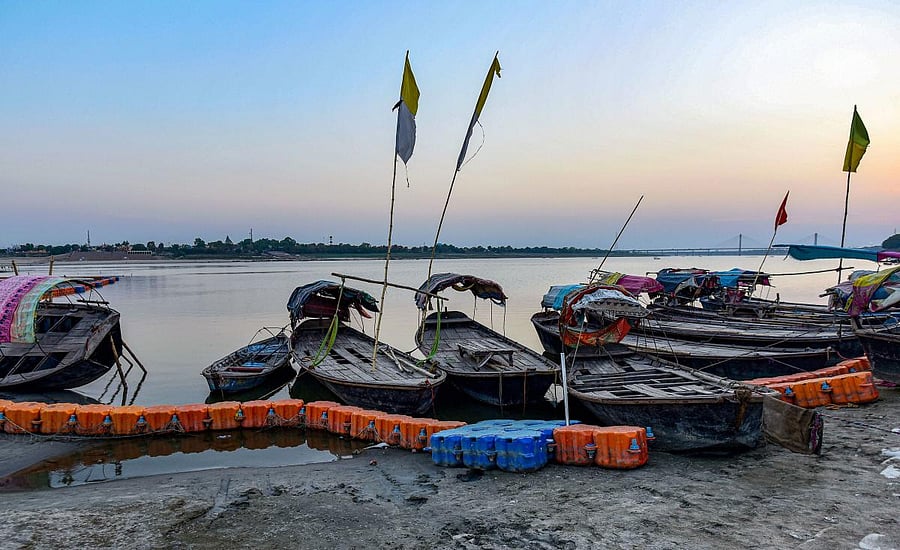 Boats are anchored along the banks of River Ganga, during the nationwide lockdown to curb the spread of coronavirus, in Prayagraj, Sunday, May 3, 2020. (PTI Photo)