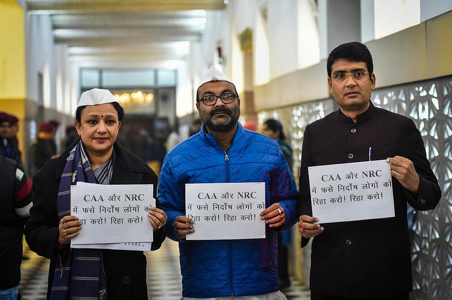 Congress leaders protest against Citizenship (Amendment) Act and National Register of Citizens (NRC) during a special session of Vidhan Sabha at Vidhan Bhawan in Lucknow. PTI