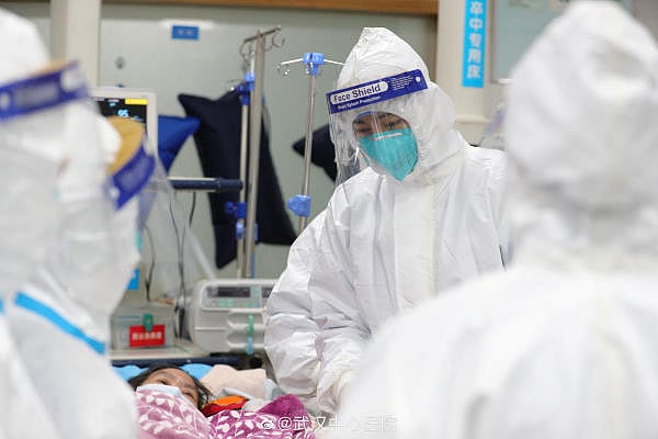 Medical staff attending to a patient in Central Hospital of Wuhan, China.