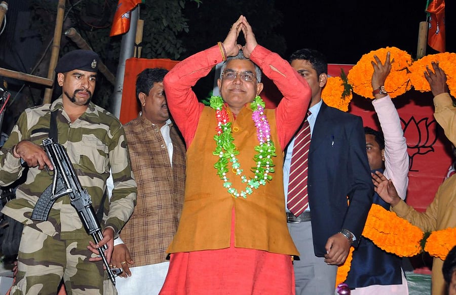 BJP West Bengal President and Lok Sabha MP Dilip Ghosh gestures towards party activists during a felicitation programme after he was re-elected for the 2nd term, in Kolkata. (PTI Photo)