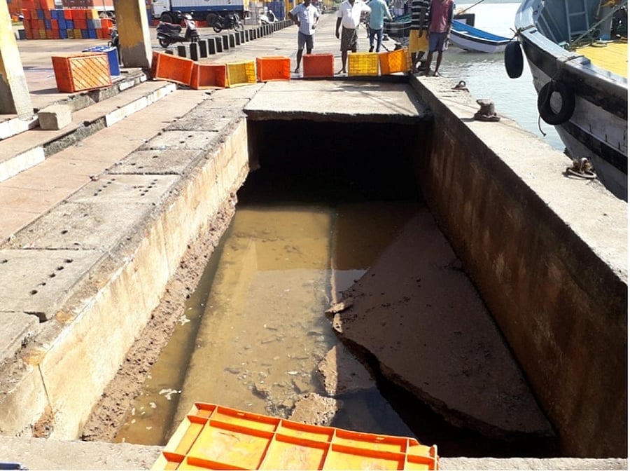 The collapsed concrete slabs at Gangolli fisheries jetty in Udupi district.