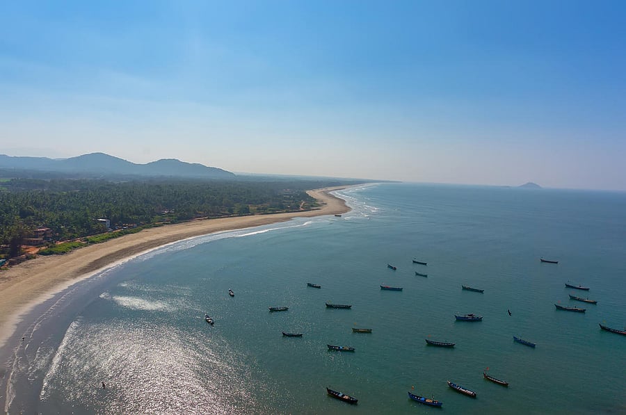An aerial view of the coastline in Murudeshwar