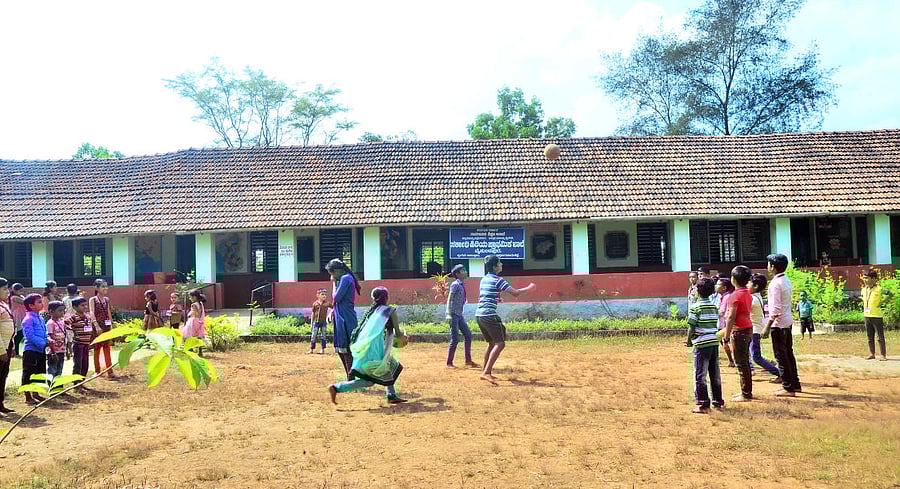 Students take part in sports activities at Government Higher Primary School at Vaikuntapura. 
