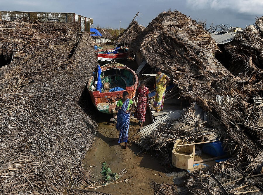 People survey the damage caused by cyclone Gaja in their vicinity, at Kodiakkarai in Nagapattinam district. PTI