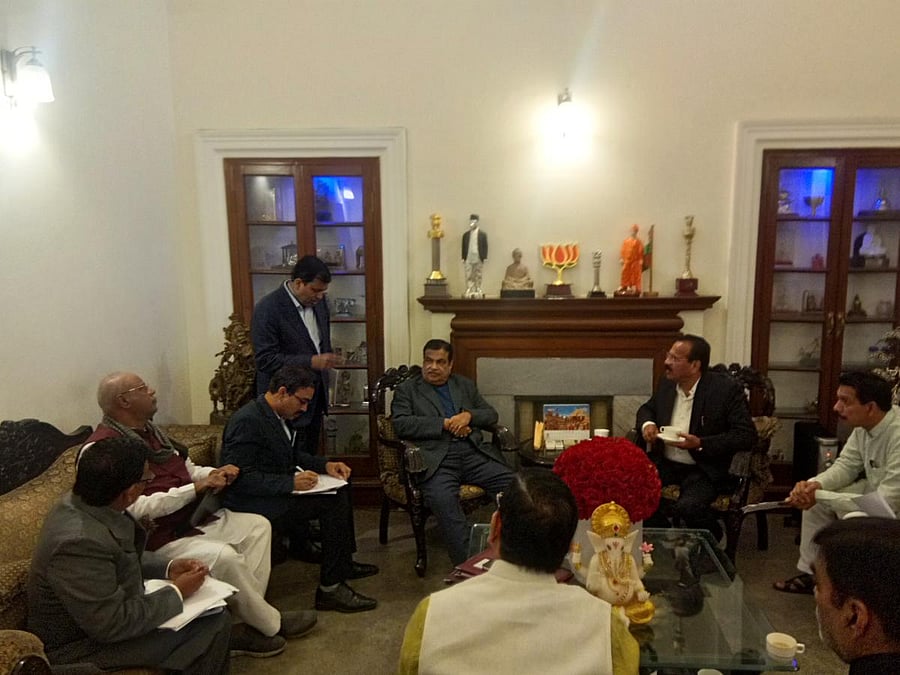 Union Minister Nitin Gadkari chairs a meeting of NHAI officials and the contractor to discuss on the work on national highways in New Delhi on Monday.