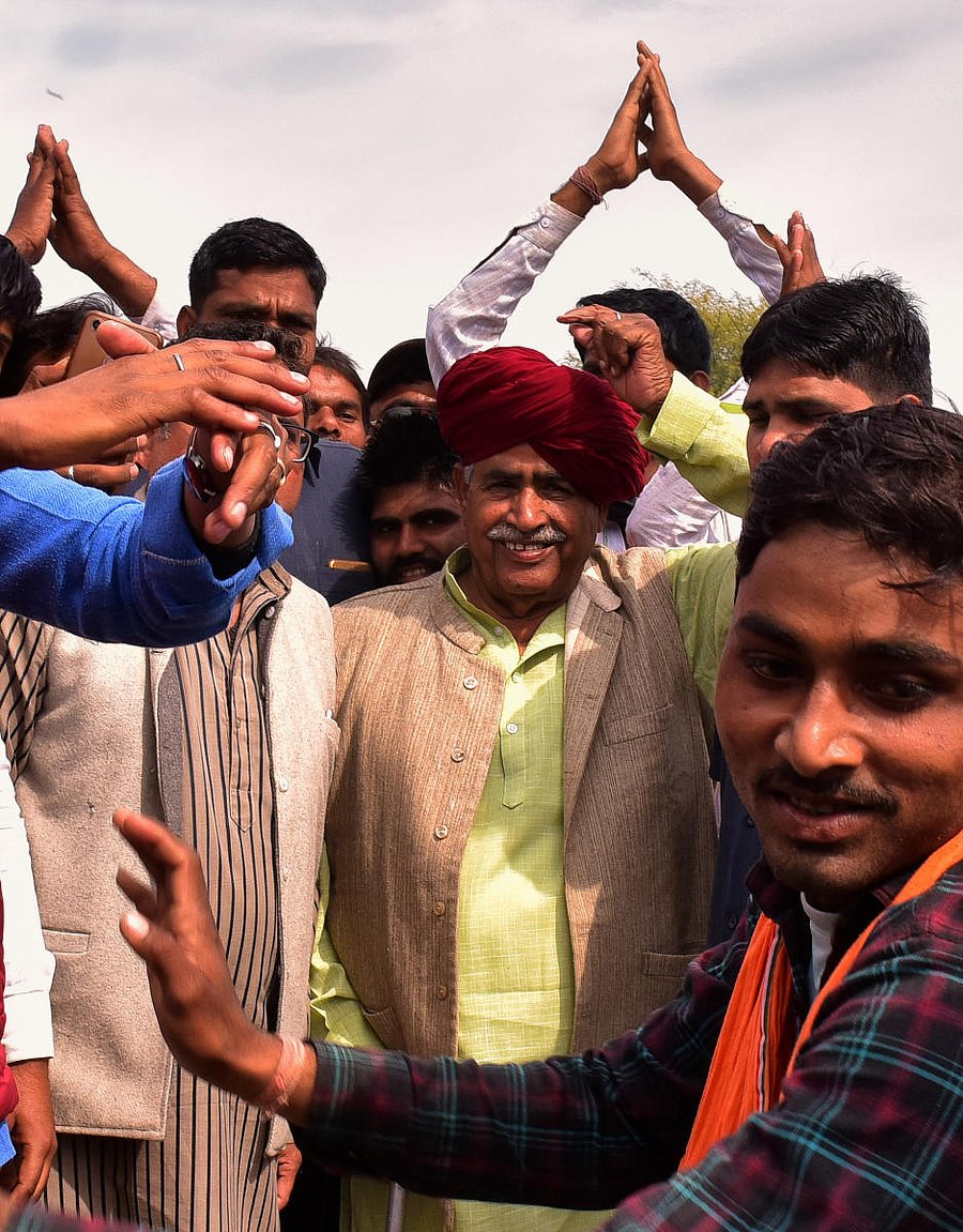 Col Kirodi Singh Bainsla. He is sitting at the protest venue along with his son Vijay Bainsla. Photo by Suman Sarkar