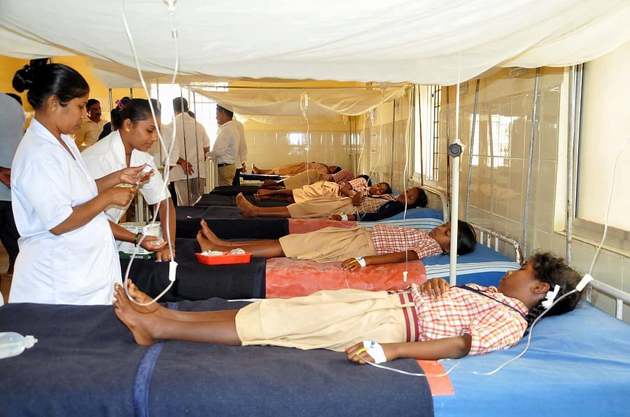 Children who took ill after consuming food cooked at a hostel in Shiravase, are being treated at the district hospital in Chikkamagaluru on Wednesday.