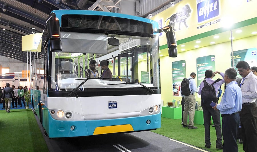 An electric bus on display at The Future Mobility Show 2019 in Bengaluru on Tuesday. DH PHOTO/B H SHIVAKUMAR