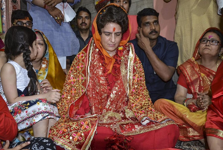 Congress General Secretary UP-East Priyanka Gandhi Vadra offer prayers at Vindhyavasini Temple, in Mirzapur district, on Tuesday. PTI