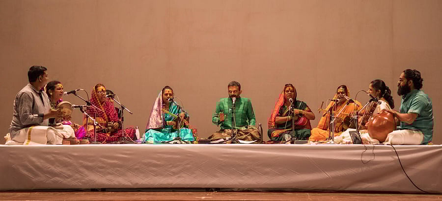 (From left) B S Purushotham (Kanjira), Sagar Bhaskar (tala and chorus), Laxman Bhonsle (Chowdiki and lead vocalist), Rakhi Pasare (Suttagi and chorus), T M Krishna (vocals), Siddappa (Chowdiki and lead vocalist), Dawal Saheb (Suttagi and chorus), Akkarai
