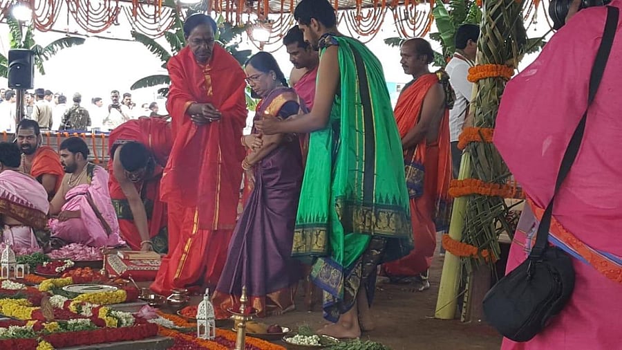 Telangana Chief Minister K Chandrasekhar Rao performing pooja at Project site in Medigadda on Friday.