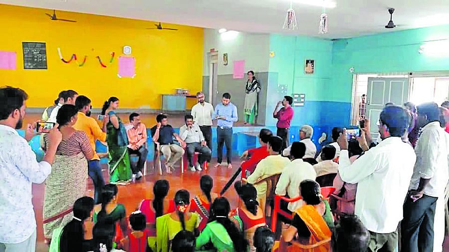 Parents and caretakers of endosulfan victims speak to Belthangady MLA Harish Poonja about the poor treatment of the victims by the staff at Seon Ashram at Kokkada on Saturday.
