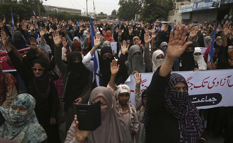 Supporters of the Pakistani religious party Jamaat-e-Islami rally against India, in Karachi. (AP/PTI Photo)
