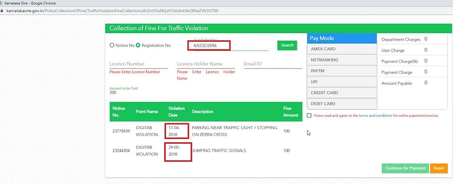 A screenshot of the offence reported through the Public Eye app and the same not seen on the Bengaluru Traffic Police website. SPECIAL ARRANGEMENT