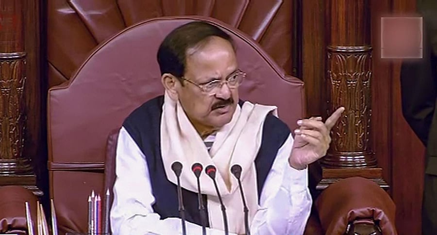 Rajya Sabha Chairman M Venkaiah Naidu conducts proceedings of the House during the Winter Session of Parliament in New Delhi, Tuesday, Dec. 3, 2019. (PTI Photo)