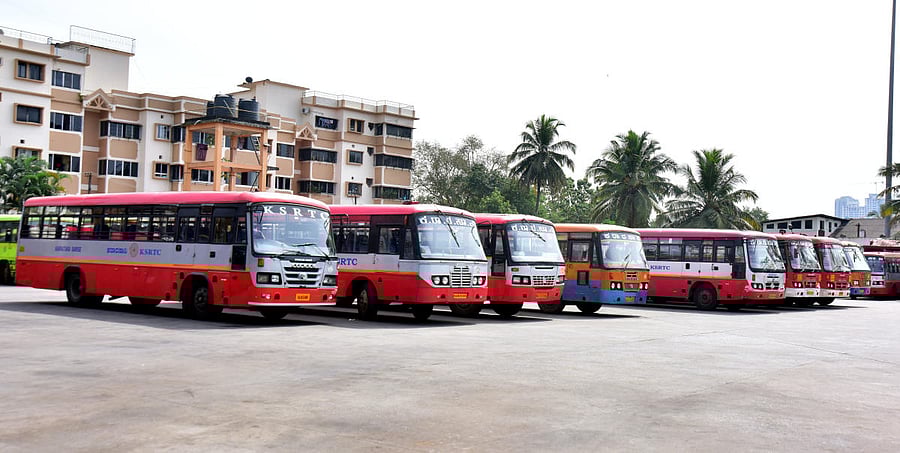 KSRTC buses parked at the bus stand at Bejai in Mangaluru.