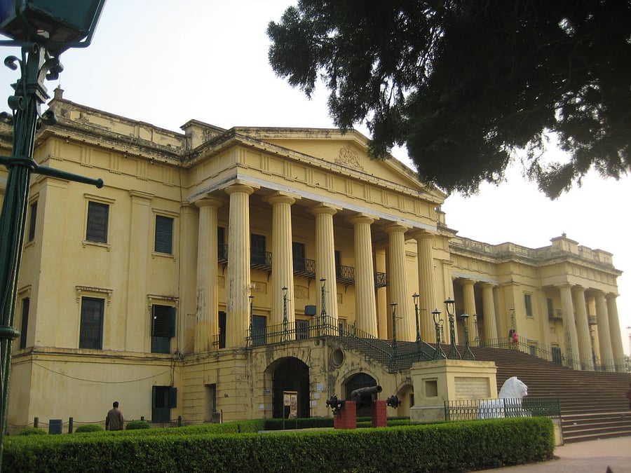 The front facade of the Hazar Duari Palace in Murshidabad.