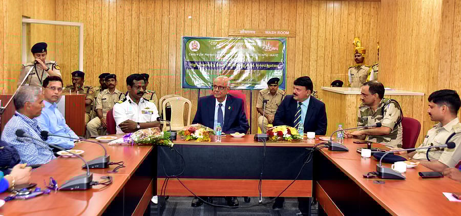 (From Left) Mangalore International Airport (MIA) Director V V Rao, Deputy Inspector General S B Venkatesh serving as Commander of Coast Guard Headquarters (Karnataka), MAHE Chancellor Prof H S Ballal, CNPS Head, MAHE, G Shreekumar Menon, Chief Airport Se