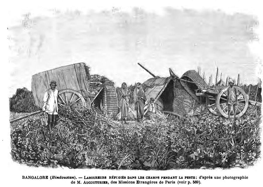 A relief camp during the plague pandemic that ravaged the country in the late 1800s and early 1900s; refugees camping in fields.