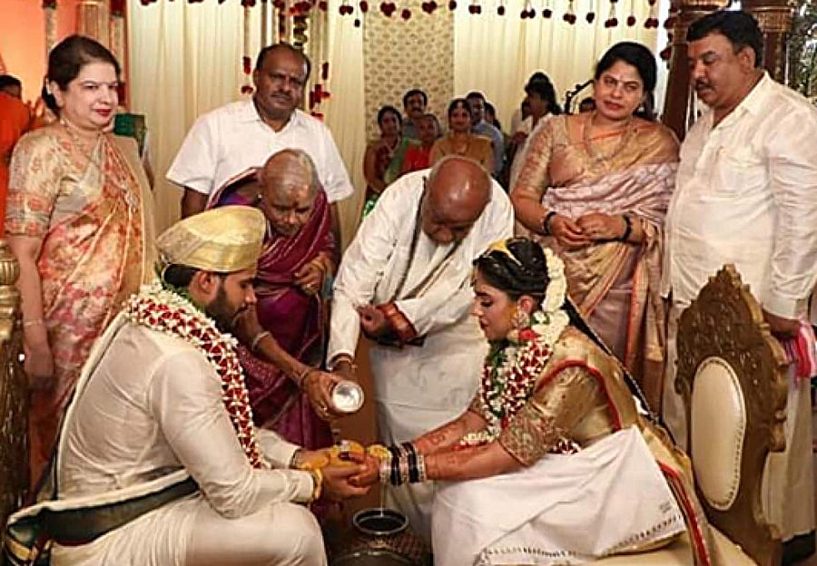 H D Deve Gowda, wife Channamma, Kumaraswamy and wife Anitha at the wedding on Friday.