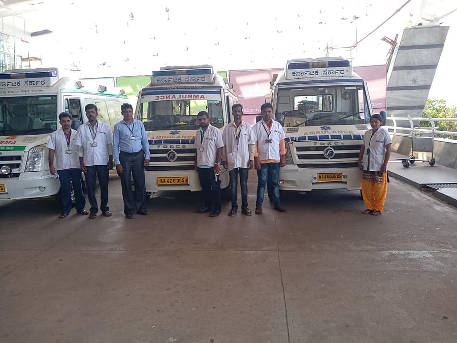 Special Covid-19 ambulances and their staffers at Mangalore International Airport.