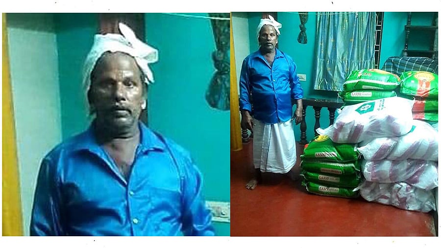 Farm labourer Abdurrahman of Goodinabali in Bantwal taluk, with the food grains to be disbursed to the needy.