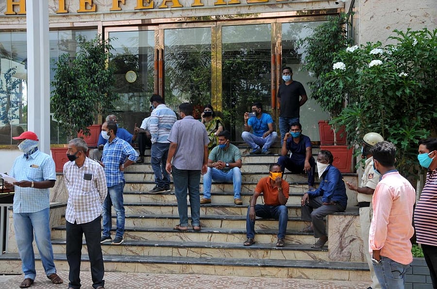 Locals opposed converting the 'White Feather' hotel into a quarantine facility at Kote layout in Chikkamagaluru.