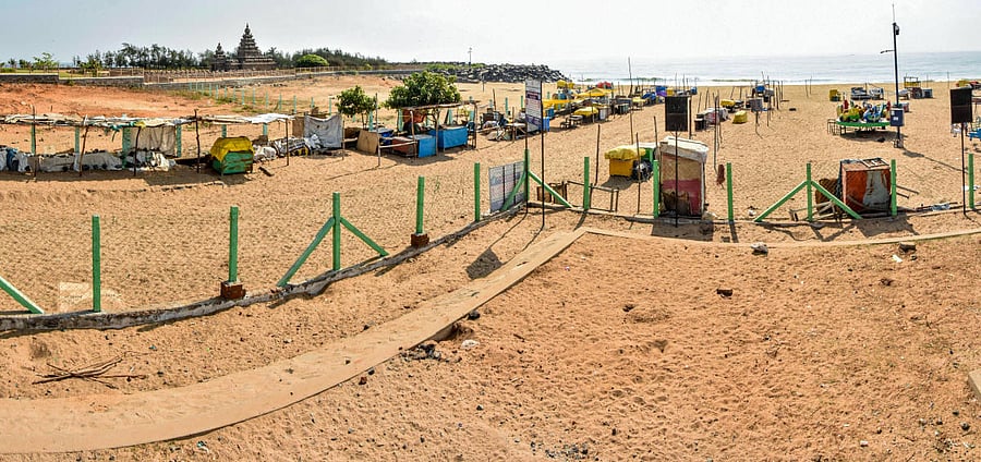Mamallapuram: World heritage monument site wears a deserted look, during the nationwide lockdown in the wake of coronavirus pandemic, in Mamallapuram, Wednesday, May 13, 2020. The transition from euphoria to gloom, in a matter of a few months led to empty beachfronts and deserted world heritage monument site sans tourists which offer a peek into the harrowing times being endured by them. (PTI Photo)