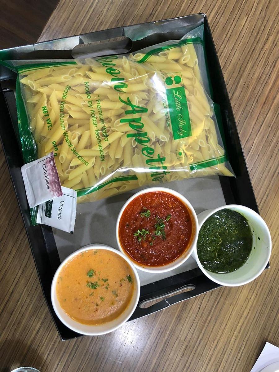 Little Italy offers kits that include pasta, sauces for two portions. therecipe, sachets of seasonings.