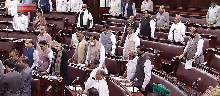 Parliamentarians observe silence during an obituary reference in Rajya Sabha during the Budget Session of Parliament, in New Delhi, Wednesday, March 18, 2020. (PTI Photo)