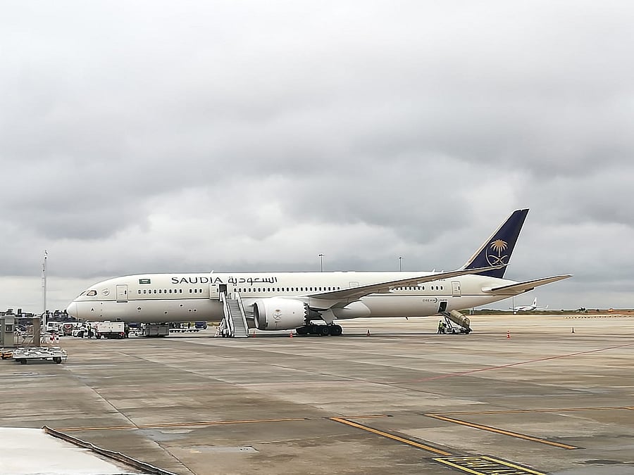 The Saudi Arabian flight, a Boeing 787 Dreamliner, taken to the bay after an emergency landing at the Kempegowda International Airport in Bengaluru on Sunday morning. Credit: Pic by special arrangement