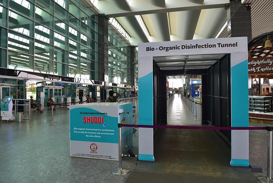 A Bio-Organic disinfectant tunnel installed at the Kempegowda International Airport, a day ahead of the resumption of domestic flight operations in a calibrated manner, during the 4th phase of COVID-19 lockdown, in Bengaluru, Sunday, May 24, 2020. (PTI Photo)