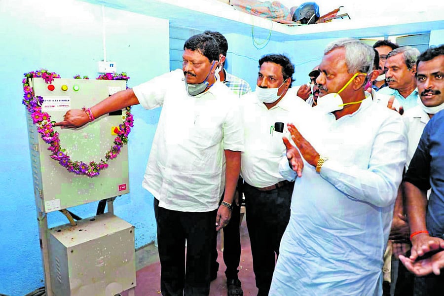Multivillage drinking water project was inaugurated at Kanagalu village, Periyapatna taluk, Mysuru district on Friday. MLA K Mahadevu and District In-charge Minister S T Somashekar are seen.
