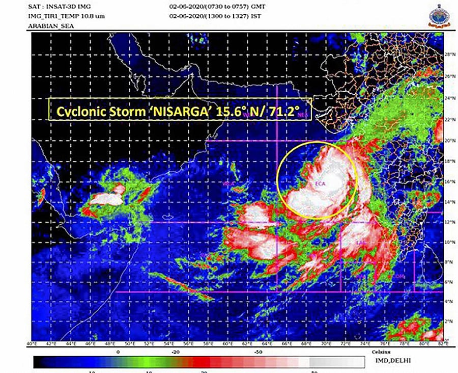  In this satellite image taken from India Meteorological Department (IMD) at 13:00 IST shows a depression formed by Cyclone Nisarga on Arabian Sea. (PTI)