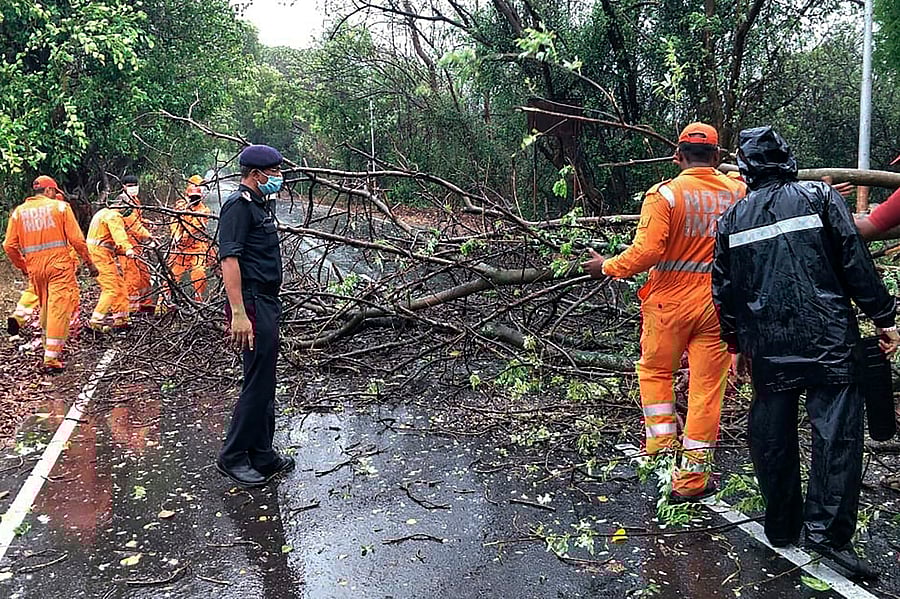  NDRF personnel clearing fallen trees from a road in Alibag town of Raigad district following cyclone Nisarga landfall in India's western coast. - Cyclone Nisarga ripped roofs off homes in a coastal town near Mumbai on May 3 after officials ordered offices and factories to shut and told people to stay home, reversing a move to ease a coronavirus lockdown in the Indian megacity. Mumbai and its surrounds are usually sheltered from cyclones -- the last severe storm to hit the city was in 1948 -- but authorities have evacuated at least 100,000 people from flood-prone areas in the states of Maharashtra and Gujarat. (Photo by National Disaster Response Force (NDRF) / AFP)