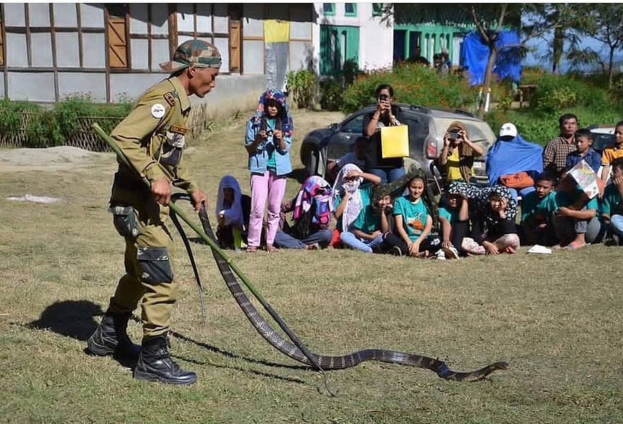 Trained by Gerry Martin, Arunachal youth displaying how to rescue snakes. (Photo credit: Eaglenest Wildlife Sanctuary, Arunachal Pradesh)