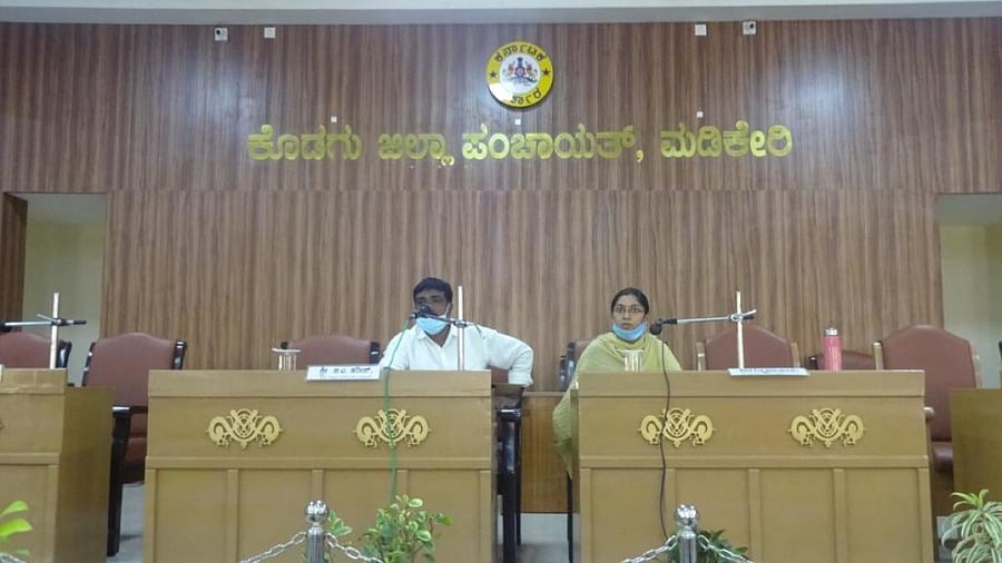 ZP President B A Harish speaks at a special meeting of the Zilla Panchayat in Madikeri.