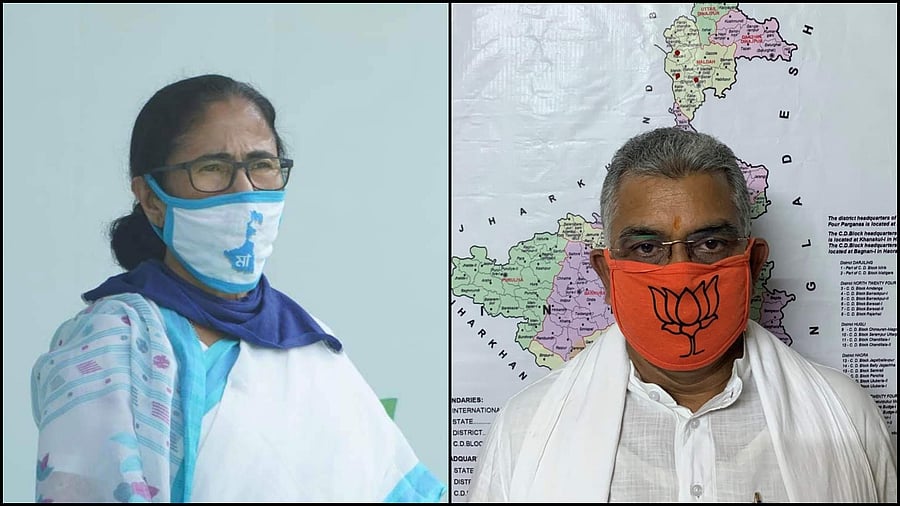 West Bengal Chief Minister and TMC chief Mamata Banerjee to BJP state president Dilip Ghosh. Credit: Official Facebook pages of West Bengal Chief Minister Mamata and West Bengal BJP president Dilip Ghosh