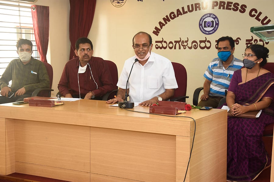 Campco President S R Satishchandra speaks to reporters during a meet the press organised by DK Working Journalists Association, at Patrika Bhavana in Mangaluru on Tuesday.