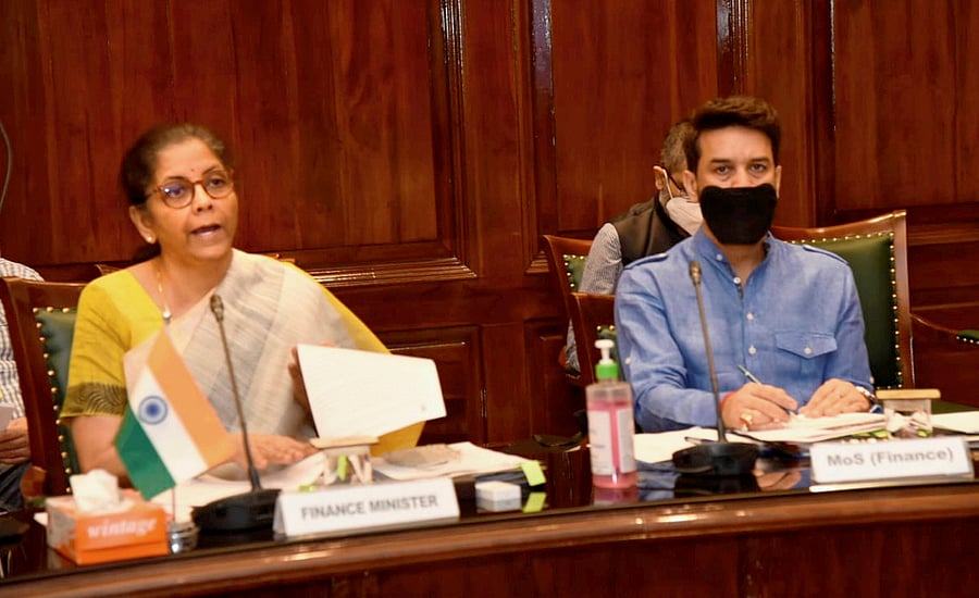 Union Finance Minister Nirmala Sitharaman and Union Minister of State for Finance Anurag Thakur. (PTI Photo)