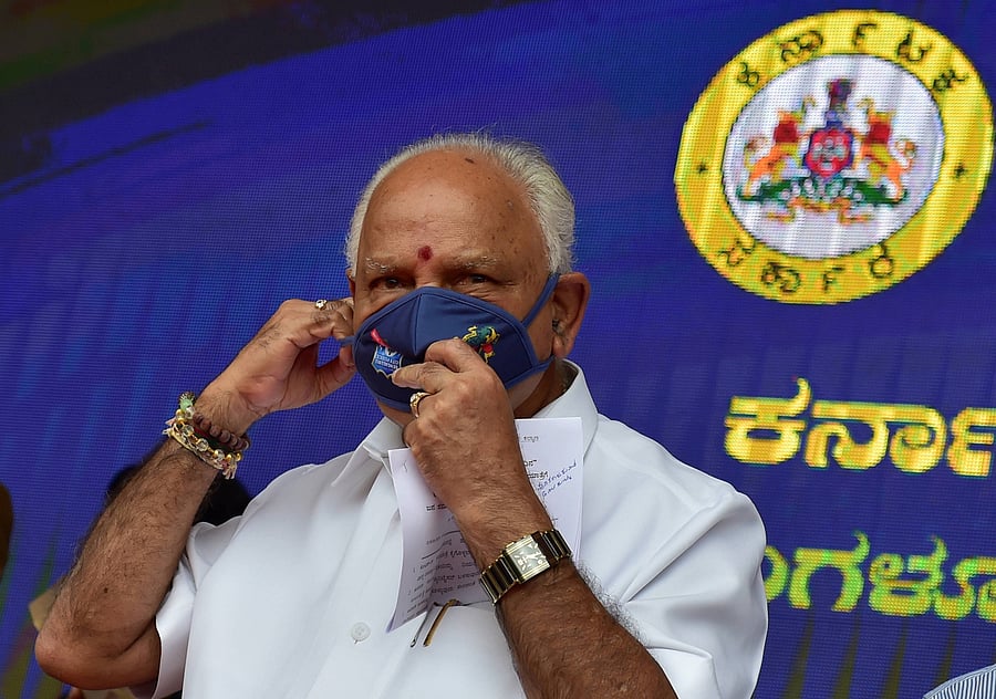 Karnataka Chief Minister BS Yediyurappa wear a face mask during 'Mask Day' rally organised by him in the wake of coronavirus pandemic, amid the ongoing nationwide lockdown, in Bengaluru, Thursday, June 18, 2020. (PTI Photo)