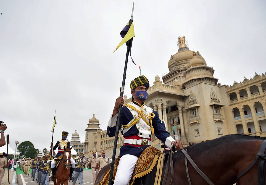 Mounted police personnel take part in 'Mask Day' rally organised by Karnataka government in the wake of coronavirus pandemic, during the ongoing nationwide lockdown, in Bengaluru, Thursday, June 18, 2020. (PTI Photo)