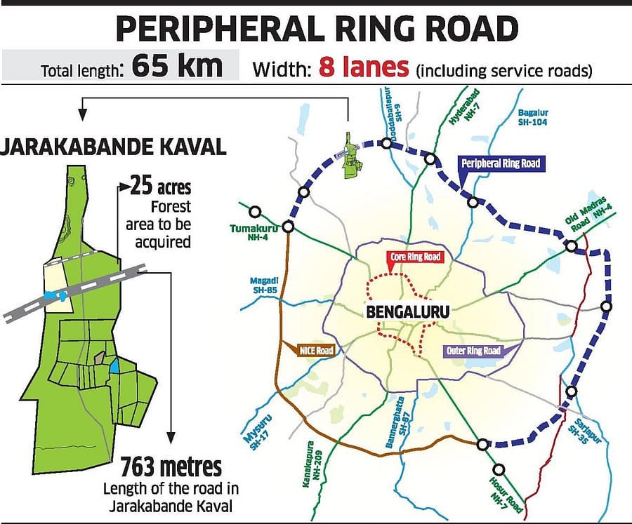 .About 100 metres of the eight-lane PRR will pass through the forest, for which the BDA has sought the diversion of 25 acres of forest land. Credit: DH Graphics