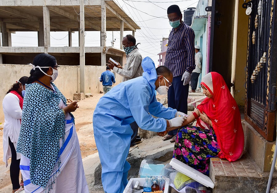 An ICMR team conducts surveillance in the view of COVID-19 outbreak at Balapur in Hyderabad. Credits: PTI Photo