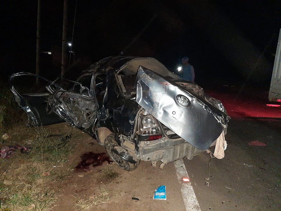 Photo: The car that met with an accident at Karthikere in Chikkamagaluru. DH Photo