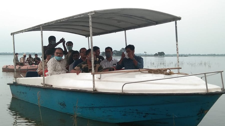 Assam forest minister Parimal Suklabaidya inspecting the flood situation in Kaziranga National Park on Wednesday. Photo credit: Kaziranga National Park