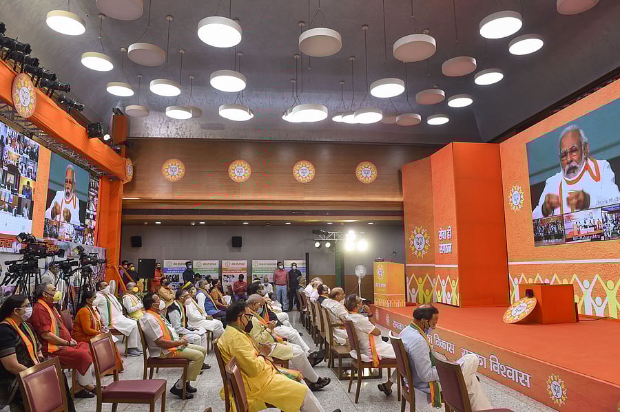 Prime Minister Narendra Modi attends party’s 'Seva Hi Sangathan Abhiyan' via video conferencing, at party headquarters in New Delhi, Saturday, July 4, 2020. (PTI Photo)