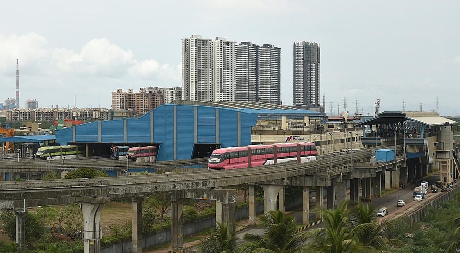 A monorail takes a trial run for checking maintenance, during the Covid-19 lockdown, at Wadala in Mumbai. PTI