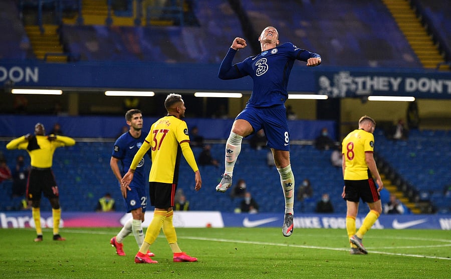 Chelsea's Ross Barkley celebrates scoring their third goal, as play resumes behind closed doors following the outbreak of the coronavirus disease. Reuters