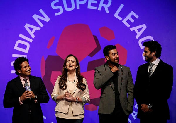 Bollywood actors and co-owners of football clubs speak during the emblem-unveiling ceremony of Indian Super League in Mumbai August 28, 2014. Credit: Reuters Photo